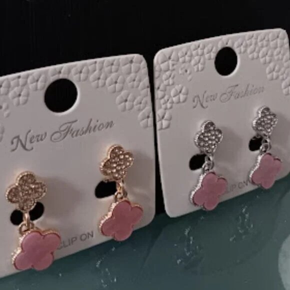 DESIGNER Lucky Clover Silver Faux Pink Shell Clear Crystal Clip On Drop Earrings - Picture 4 of 6